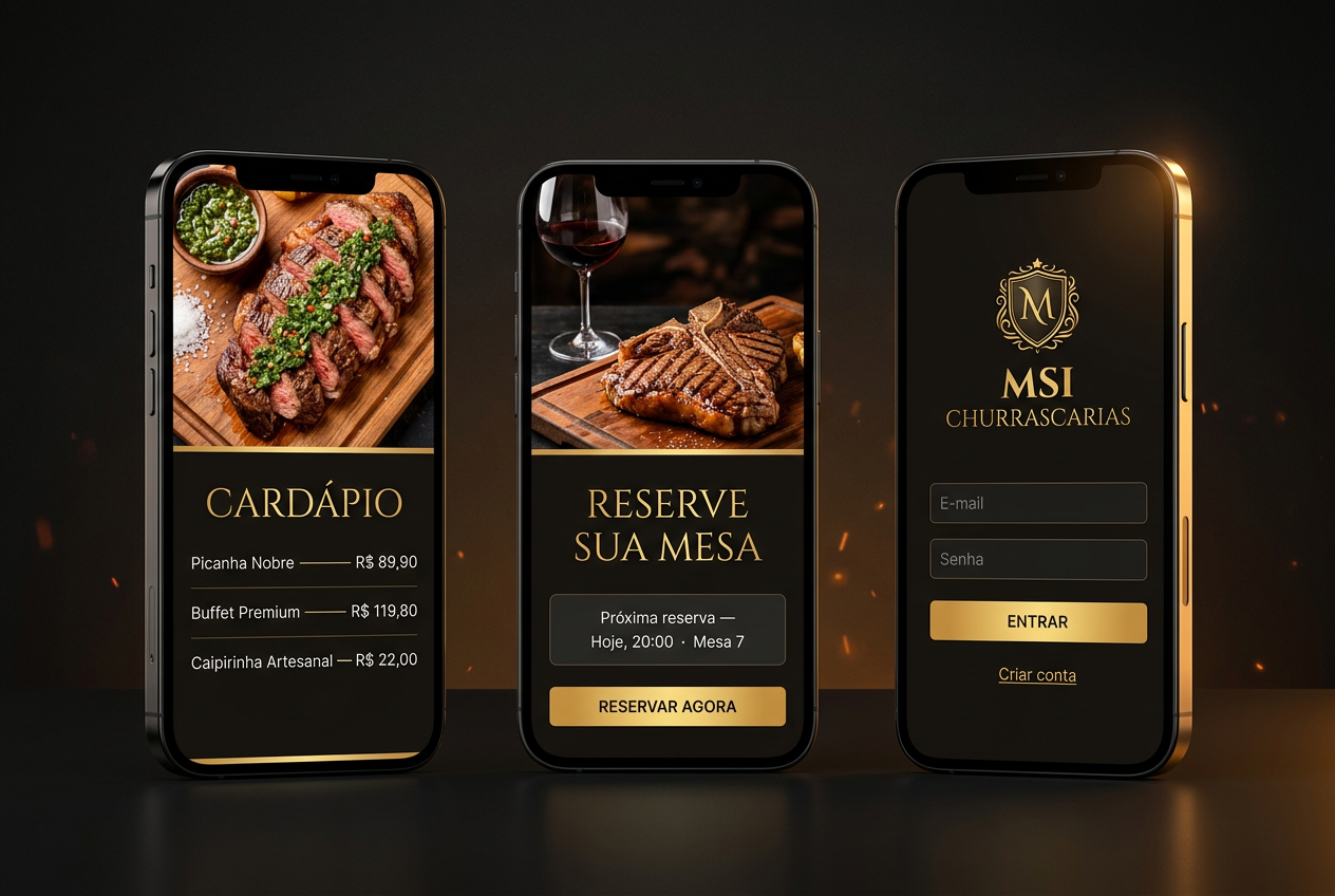 Três iPhones mostrando o app da casa: ícone na tela inicial, splash com a logo e o app aberto com o botão de delivery